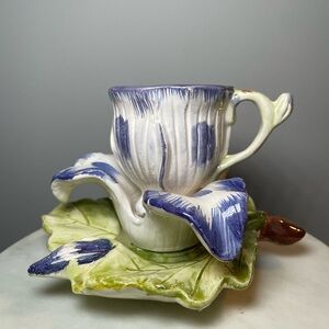 1980’s Capodimonte Porcelain Teacup Espresso Cup Floral Set Blue